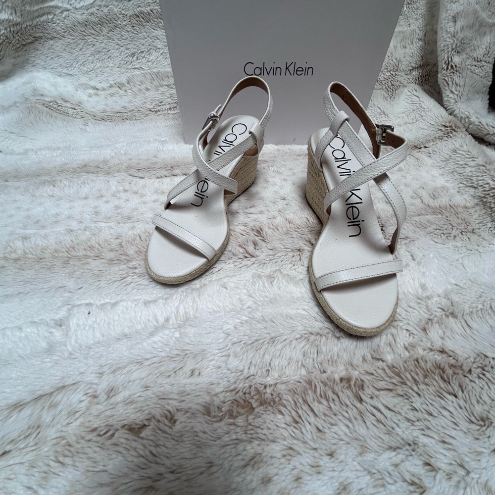 Calvin Klein White Espadrille Wedge Sandals. Bellemine Pebble Grain.
